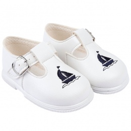 Boys White & Navy Boat T-bar First Walker Shoes